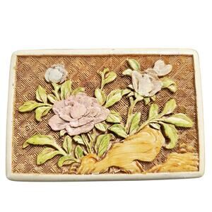 Vintage Ivory Cinnabar Floral Carved Trinket/Jewelry Box & Lid Purple Rose MCM